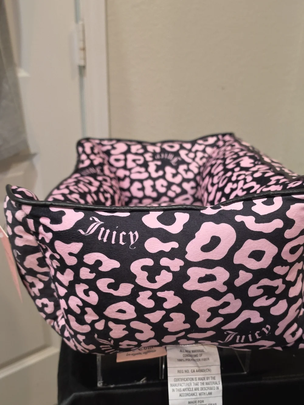 Juicy Couture Pink & Black Leopard Print Logo Velour Pet Bed Cuddler